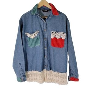 VTG 70's Women's Denim Button-Up Patches Blouse Sz L Long Sleeve Cotton Pockets
